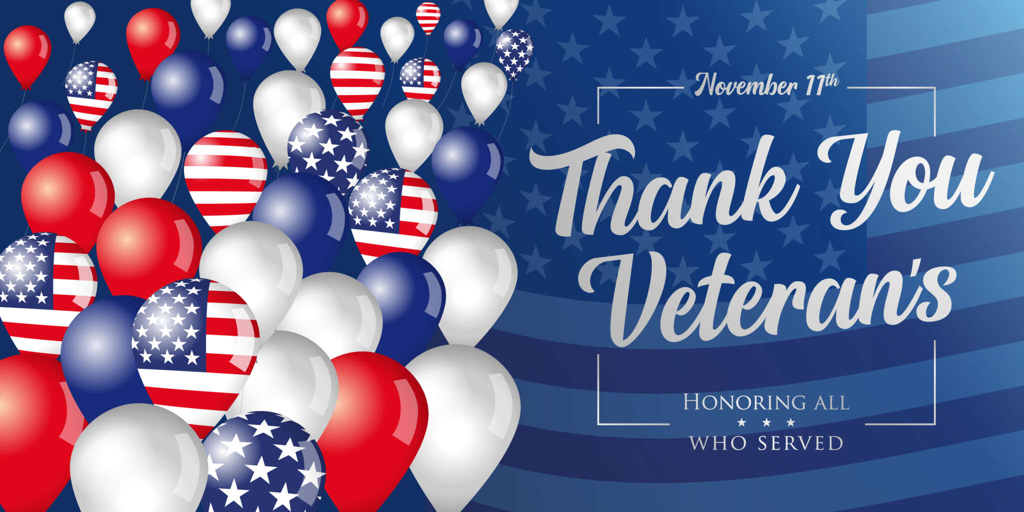Thank You Veterans phrase and flying balloons on american flag background. Veterans day USA banner, Honoring all who served. Vector illustration